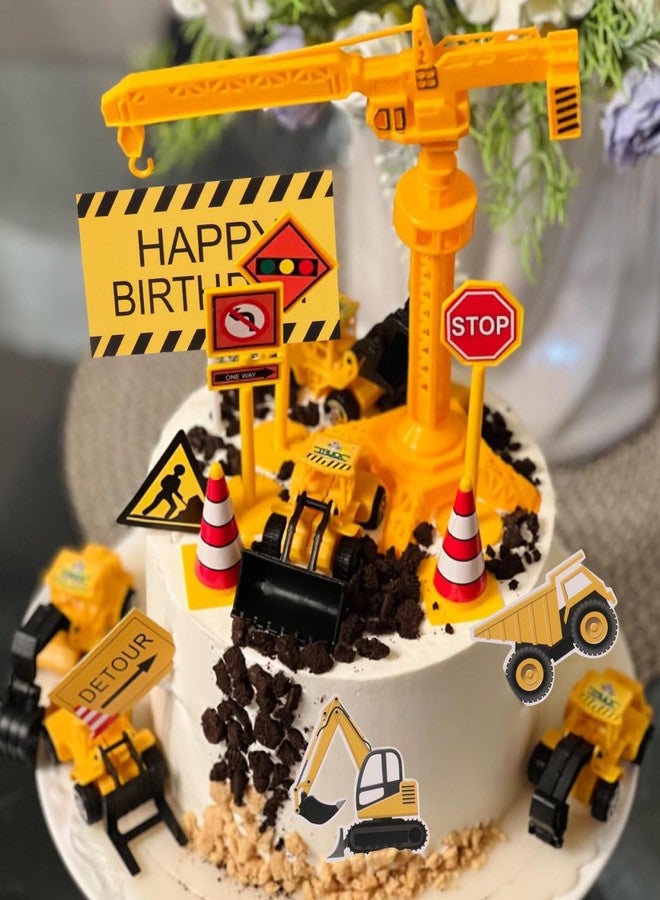 Tnstk Construction Cake Topper, 18 PCS Construction Cake Decorations Set Excavator Tower Crane Cupcake Topper Traffic and Road Sign Decor Happy Birthday Party Supplies - Image 5